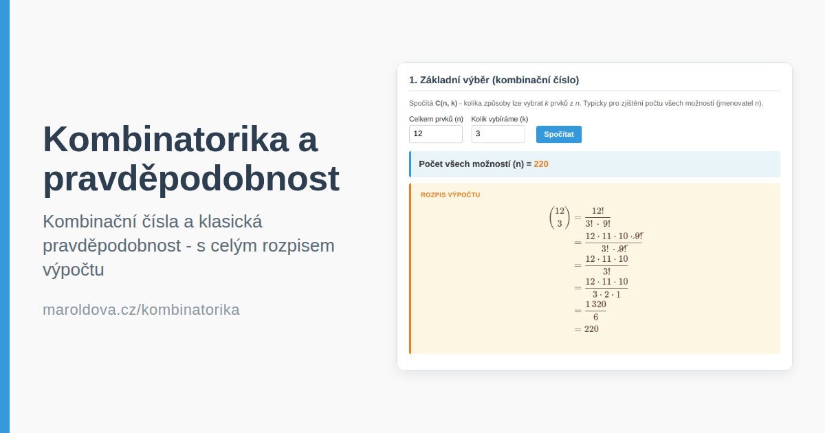 Kalkulačka kombinatoriky a pravděpodobnosti s rozepsaným postupem výpočtu